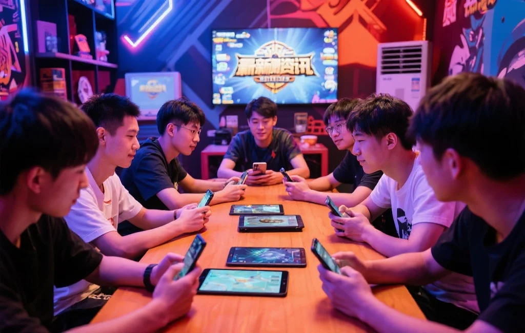多位玩家坐在一起，分享游戏体验并讨论最新内测资讯，桌面上摆放着手机和平板，背景为充满活力的游戏社区氛围