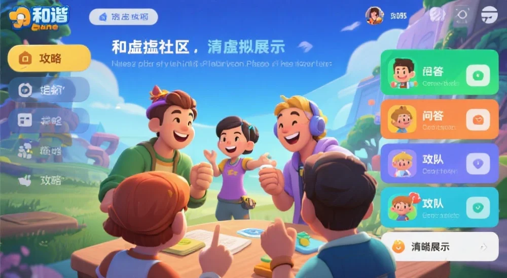 和谐友好的虚拟社区环境，玩家们微笑互动，界面上有攻略、问答、组队等功能模块的清晰展示